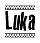 The image contains the text Luka in a bold, stylized font, with a checkered flag pattern bordering the top and bottom of the text.