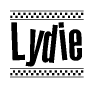 The clipart image displays the text Lydie in a bold, stylized font. It is enclosed in a rectangular border with a checkerboard pattern running below and above the text, similar to a finish line in racing. 