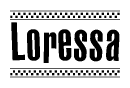The image contains the text Loressa in a bold, stylized font, with a checkered flag pattern bordering the top and bottom of the text.