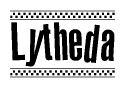 The image contains the text Lytheda in a bold, stylized font, with a checkered flag pattern bordering the top and bottom of the text.