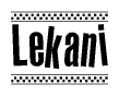 The image contains the text Lekani in a bold, stylized font, with a checkered flag pattern bordering the top and bottom of the text.