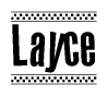 The image contains the text Layce in a bold, stylized font, with a checkered flag pattern bordering the top and bottom of the text.