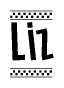 The image contains the text Liz in a bold, stylized font, with a checkered flag pattern bordering the top and bottom of the text.
