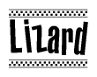 The image contains the text Lizard in a bold, stylized font, with a checkered flag pattern bordering the top and bottom of the text.