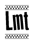 The image is a black and white clipart of the text Lmt in a bold, italicized font. The text is bordered by a dotted line on the top and bottom, and there are checkered flags positioned at both ends of the text, usually associated with racing or finishing lines.
