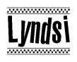 The clipart image displays the text Lyndsi in a bold, stylized font. It is enclosed in a rectangular border with a checkerboard pattern running below and above the text, similar to a finish line in racing. 