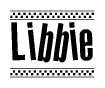The clipart image displays the text Libbie in a bold, stylized font. It is enclosed in a rectangular border with a checkerboard pattern running below and above the text, similar to a finish line in racing. 
