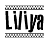 The image is a black and white clipart of the text Liliya in a bold, italicized font. The text is bordered by a dotted line on the top and bottom, and there are checkered flags positioned at both ends of the text, usually associated with racing or finishing lines.