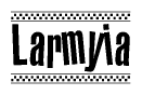The image is a black and white clipart of the text Larmyia in a bold, italicized font. The text is bordered by a dotted line on the top and bottom, and there are checkered flags positioned at both ends of the text, usually associated with racing or finishing lines.