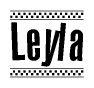 The image contains the text Leyla in a bold, stylized font, with a checkered flag pattern bordering the top and bottom of the text.