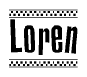The image contains the text Loren in a bold, stylized font, with a checkered flag pattern bordering the top and bottom of the text.