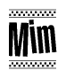 The image contains the text Mim in a bold, stylized font, with a checkered flag pattern bordering the top and bottom of the text.