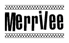 The image contains the text Merrilee in a bold, stylized font, with a checkered flag pattern bordering the top and bottom of the text.