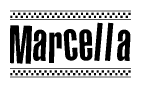 The image is a black and white clipart of the text Marcella in a bold, italicized font. The text is bordered by a dotted line on the top and bottom, and there are checkered flags positioned at both ends of the text, usually associated with racing or finishing lines.