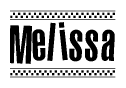 The image contains the text Melissa in a bold, stylized font, with a checkered flag pattern bordering the top and bottom of the text.
