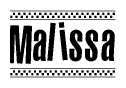 The image contains the text Malissa in a bold, stylized font, with a checkered flag pattern bordering the top and bottom of the text.
