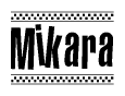 The clipart image displays the text Mikara in a bold, stylized font. It is enclosed in a rectangular border with a checkerboard pattern running below and above the text, similar to a finish line in racing. 