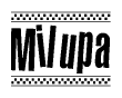 The image is a black and white clipart of the text Milupa in a bold, italicized font. The text is bordered by a dotted line on the top and bottom, and there are checkered flags positioned at both ends of the text, usually associated with racing or finishing lines.