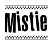 The clipart image displays the text Mistie in a bold, stylized font. It is enclosed in a rectangular border with a checkerboard pattern running below and above the text, similar to a finish line in racing. 
