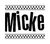 The image contains the text Micke in a bold, stylized font, with a checkered flag pattern bordering the top and bottom of the text.