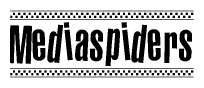 The image is a black and white clipart of the text Mediaspiders in a bold, italicized font. The text is bordered by a dotted line on the top and bottom, and there are checkered flags positioned at both ends of the text, usually associated with racing or finishing lines.