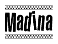 The image contains the text Madina in a bold, stylized font, with a checkered flag pattern bordering the top and bottom of the text.