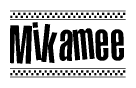 The clipart image displays the text Mikamee in a bold, stylized font. It is enclosed in a rectangular border with a checkerboard pattern running below and above the text, similar to a finish line in racing. 