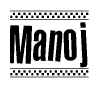 The clipart image displays the text Manoj in a bold, stylized font. It is enclosed in a rectangular border with a checkerboard pattern running below and above the text, similar to a finish line in racing. 