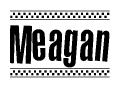 The image contains the text Meagan in a bold, stylized font, with a checkered flag pattern bordering the top and bottom of the text.