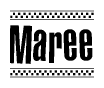 The image is a black and white clipart of the text Maree in a bold, italicized font. The text is bordered by a dotted line on the top and bottom, and there are checkered flags positioned at both ends of the text, usually associated with racing or finishing lines.