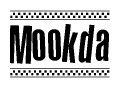 The clipart image displays the text Mookda in a bold, stylized font. It is enclosed in a rectangular border with a checkerboard pattern running below and above the text, similar to a finish line in racing. 