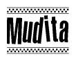 The clipart image displays the text Mudita in a bold, stylized font. It is enclosed in a rectangular border with a checkerboard pattern running below and above the text, similar to a finish line in racing. 
