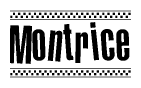 The image contains the text Montrice in a bold, stylized font, with a checkered flag pattern bordering the top and bottom of the text.