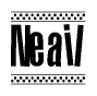 The image is a black and white clipart of the text Neail in a bold, italicized font. The text is bordered by a dotted line on the top and bottom, and there are checkered flags positioned at both ends of the text, usually associated with racing or finishing lines.