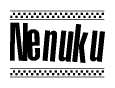 The image is a black and white clipart of the text Nenuku in a bold, italicized font. The text is bordered by a dotted line on the top and bottom, and there are checkered flags positioned at both ends of the text, usually associated with racing or finishing lines.