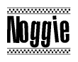 The image contains the text Noggie in a bold, stylized font, with a checkered flag pattern bordering the top and bottom of the text.