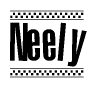 The clipart image displays the text Neely in a bold, stylized font. It is enclosed in a rectangular border with a checkerboard pattern running below and above the text, similar to a finish line in racing. 