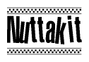 The image is a black and white clipart of the text Nuttakit in a bold, italicized font. The text is bordered by a dotted line on the top and bottom, and there are checkered flags positioned at both ends of the text, usually associated with racing or finishing lines.