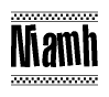 The image is a black and white clipart of the text Niamh in a bold, italicized font. The text is bordered by a dotted line on the top and bottom, and there are checkered flags positioned at both ends of the text, usually associated with racing or finishing lines.