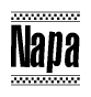 The image contains the text Napa in a bold, stylized font, with a checkered flag pattern bordering the top and bottom of the text.