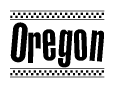The clipart image displays the text Oregon in a bold, stylized font. It is enclosed in a rectangular border with a checkerboard pattern running below and above the text, similar to a finish line in racing. 