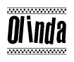 The clipart image displays the text Olinda in a bold, stylized font. It is enclosed in a rectangular border with a checkerboard pattern running below and above the text, similar to a finish line in racing. 