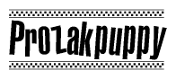 The clipart image displays the text Prozakpuppy in a bold, stylized font. It is enclosed in a rectangular border with a checkerboard pattern running below and above the text, similar to a finish line in racing. 