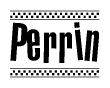The image contains the text Perrin in a bold, stylized font, with a checkered flag pattern bordering the top and bottom of the text.