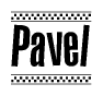 The image contains the text Pavel in a bold, stylized font, with a checkered flag pattern bordering the top and bottom of the text.