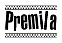 The image is a black and white clipart of the text Premila in a bold, italicized font. The text is bordered by a dotted line on the top and bottom, and there are checkered flags positioned at both ends of the text, usually associated with racing or finishing lines.