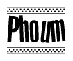 The image contains the text Phoum in a bold, stylized font, with a checkered flag pattern bordering the top and bottom of the text.