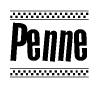 The image contains the text Penne in a bold, stylized font, with a checkered flag pattern bordering the top and bottom of the text.