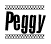 The clipart image displays the text Peggy in a bold, stylized font. It is enclosed in a rectangular border with a checkerboard pattern running below and above the text, similar to a finish line in racing. 