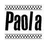 The image contains the text Paola in a bold, stylized font, with a checkered flag pattern bordering the top and bottom of the text.